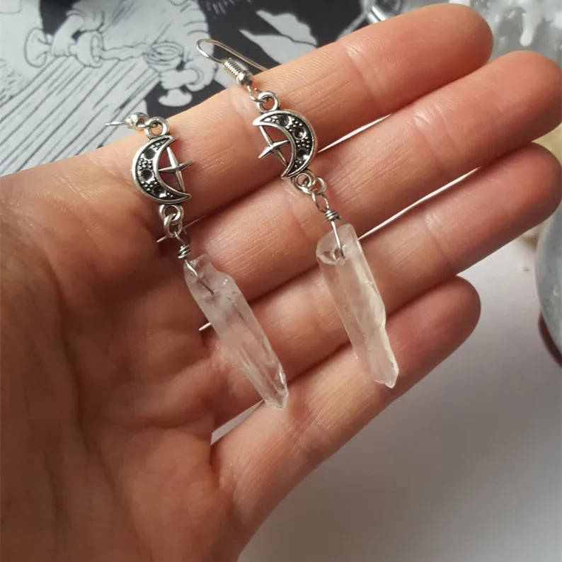 Серьги с прозрачной кварцевой луной бохо колдовство натуральные камни