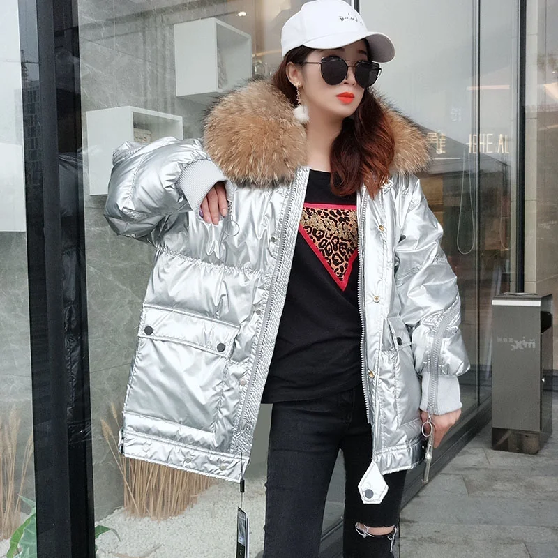 Зимняя женская куртка с натуральным лисьим мехом, пальто с воротником, свободное короткое белое пуховое пальто с натуральным мехом, толстая теплая пуховая парка - Цвет: Silver