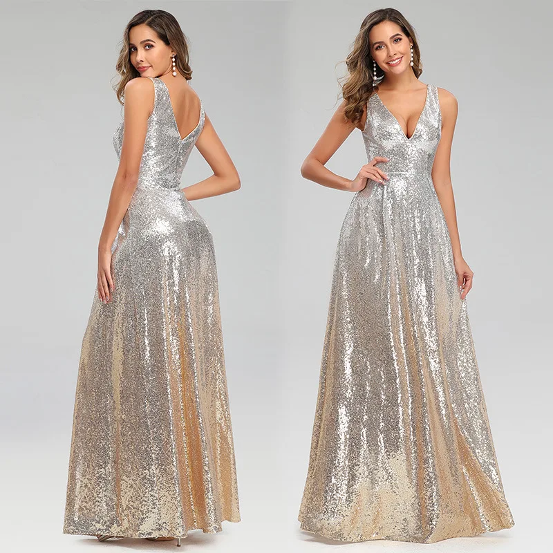 

Late Formal Dress Europe And America V-neck Maxi Sequin Sleeveless Formal Dress Women's Banquet Late Formal Dress