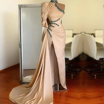 

Eightale Beaded Evening Dress High Neck One Shoulder Champagne Side Split Sexy Muslim Arabic Prom Dress Party Gown robe de soire