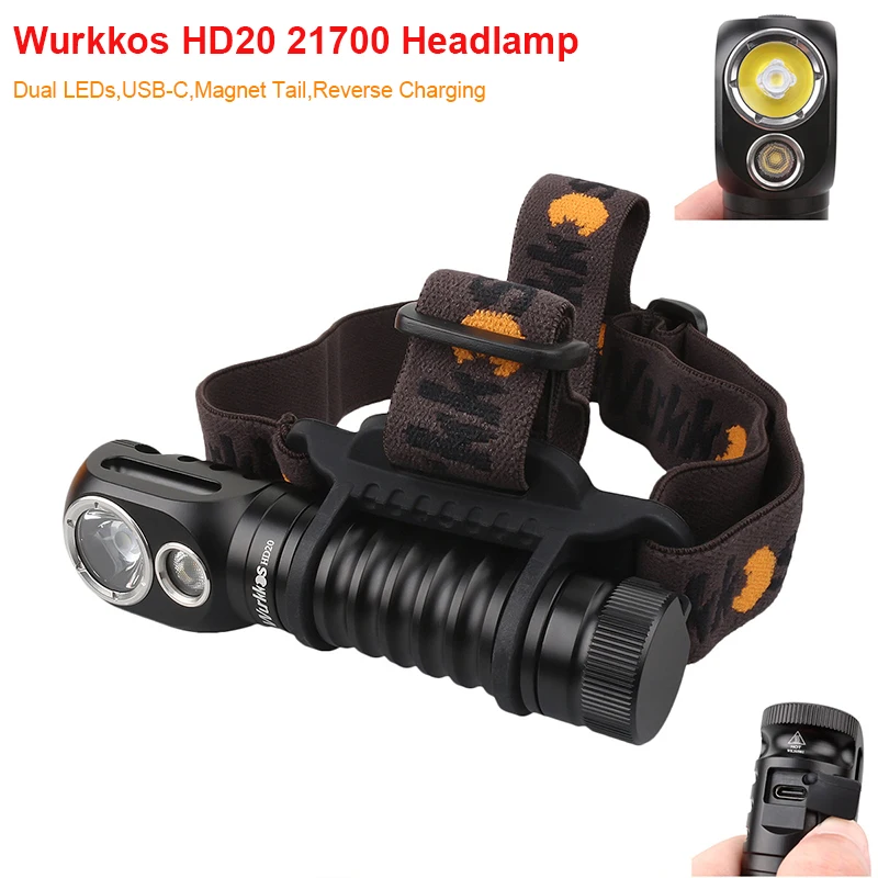 Wurkkos HD20 Headlamp Rechargeable 21700 Headlight 2000lm Dual LED LH351D XPL USB Reverse Charge Magnetic Tail Work Camp Light | Лампы и