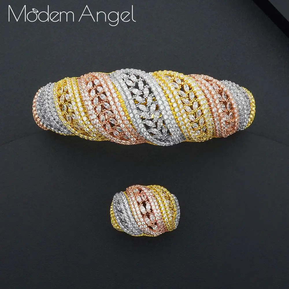 ModemAngel Luxury Square 2pcs Bangle Ring Set For Women Full Micro Cubic Zircon Pave Party Wedding Saudi Arabic Dubai Jewelry | Украшения и