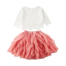 1-6Y Princess Kids Baby Girl Long Sleeve Lace Tank Tops Tutu Tulle Ball Gown Formal Skirt 2PCS Outfits Party Clothes Set