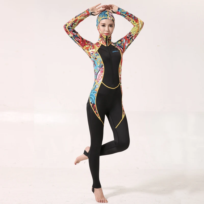 

Hisea Printed Women Long Sleeve Swimwear Scuba Diving Suit Female One Piece Neoprene Snorkeling WetSuits Bodysuits With Hooded