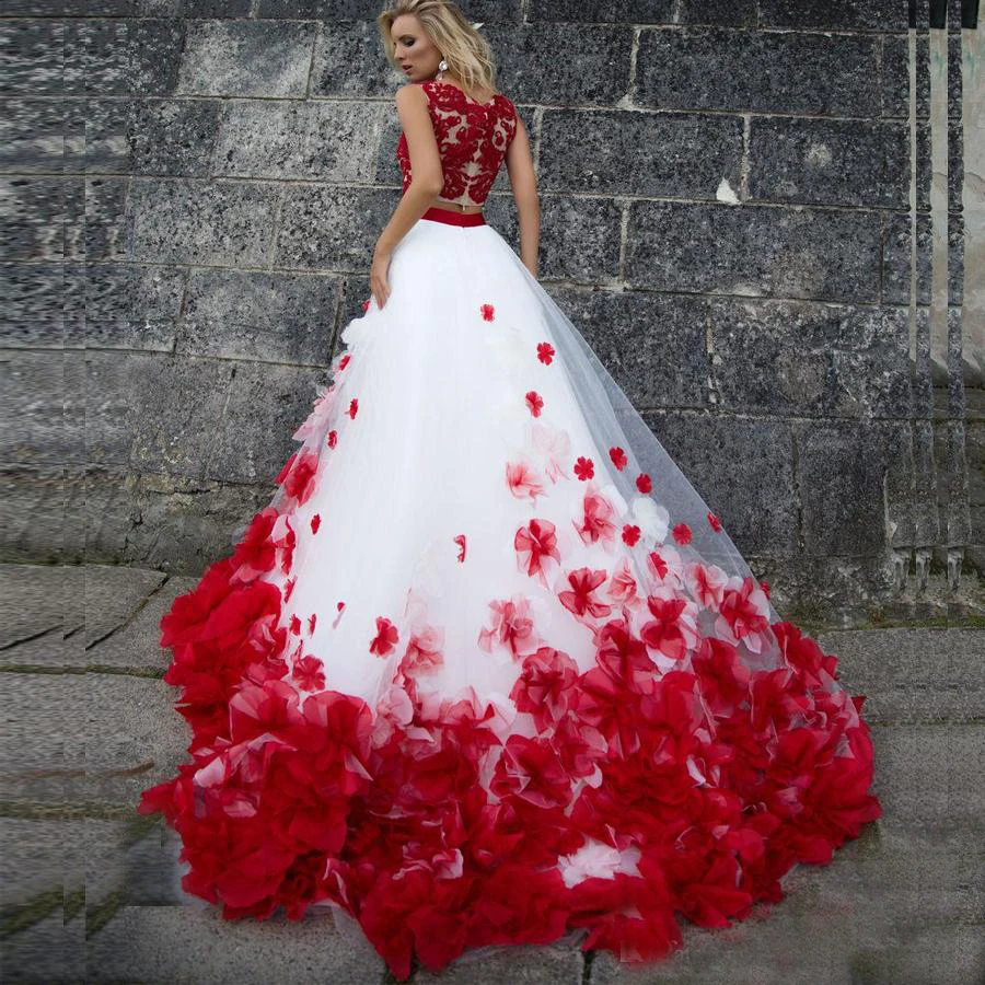 Vestidos de fiesta Элегантные 3D цветы красные цветы Аппликации из двух частей вечернее платье с бисером вечерние платья на выпускной с кристаллами