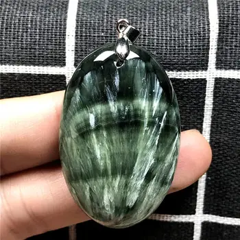 

Top Natural Green Seraphinite Necklace Pendant For Woman Men 44x28x9mm Beads Crystal 925 Silver Egg Shape Stone Jewelry AAAAA