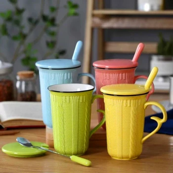 

Originality Relief Ceramics Coffee Mug Bring Cover Spoon Concise Pure Color Modern Girl Student Breakfast Milk Fruit Juice Cups
