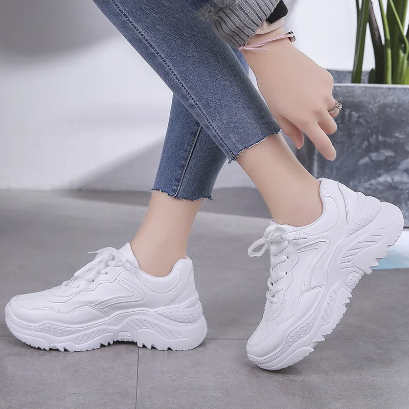 Zapatillas de deporte de cuero con plataforma para mujer, zapatos  informales a la moda, color blanco, talla 35 42, primavera 2021|Zapatos  vulcanizados de mujer| - AliExpress