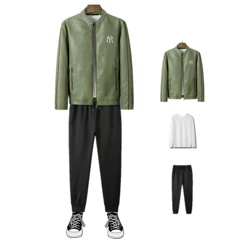 

Mens 3 Piece Suits Tide Brand Stand Collar Short Leather Jacket Outdoor Warm Coat Joggers Pants Crewneck Sweatshirt