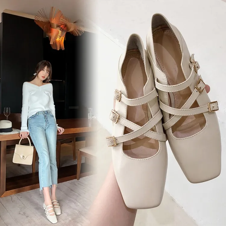 

Spring And Autumn-Style Western Style Square Head Full-grain Leather Chunky Low Heel Tendon Outsole Line-styled Buckle WOMEN'S T