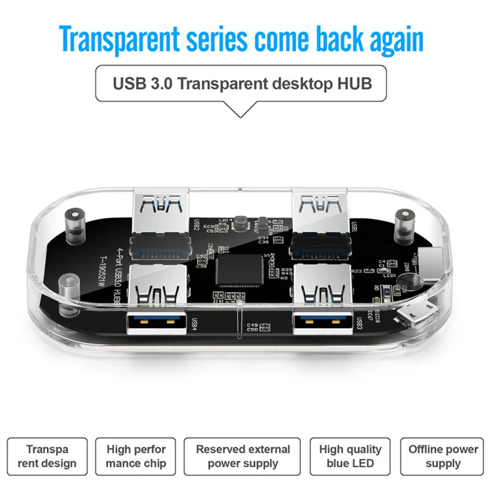 Поддержка OTG 4 порта USB3.0 прозрачный концентратор высокая скорость с микро USB интерфейс питания usb-хаб для Mac/Windows/Linux концентратор 3,0