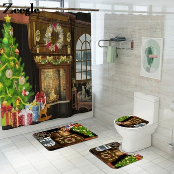 

Christmas Bath Mat and Shower Curtain Set Absorbent Bathroom Mat Bath Floor Carpet Non-slip Bathroom Foot Mat Set