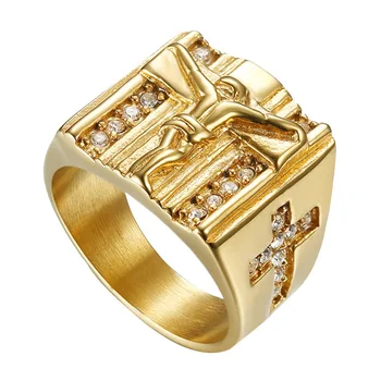 

Jewelry Jesus Cross White Cubic Zirconia Ring for Men Gold Tone Crucifix CZ Band Male Jewelry Rings for Men Jewelry Gift