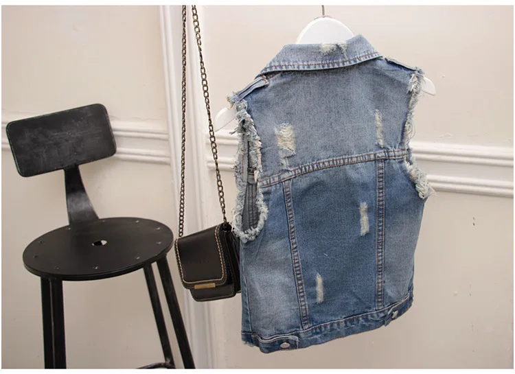 Модный джинсовый жилет с заклепками и дырками, Женский винтажный пиджак с блестками, однобортный джинсовый пиджак без рукавов, Colete Feminino