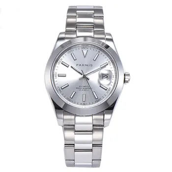 

Sapphire crystal Parnis 39mm silver dial luminous marks date magnifier deployment buckle automatic movement men's watch