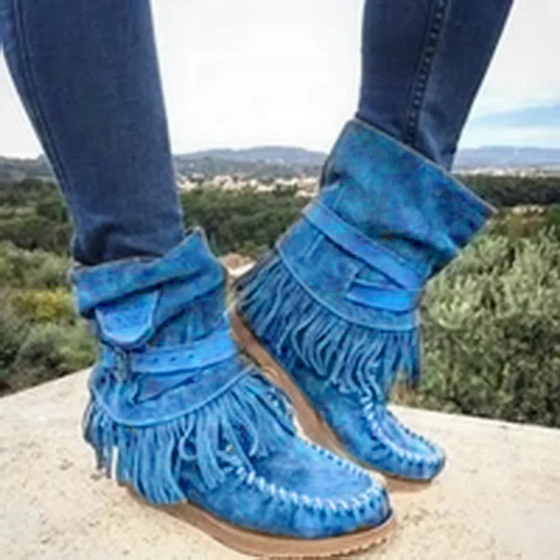 Классические ковбойские сапоги вестерн с кисточками для женщин; женские ковбойские ботинки из флока; обувь на низком каблуке; женские зимние сапоги до колена