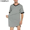 INCERUN Men Sleep Robes Short Sleeve V Neck Nightgown Homewear Comfortable Patchwork Loose Mens Bathrobes Dressing Gown S-5XL ► Photo 3/6