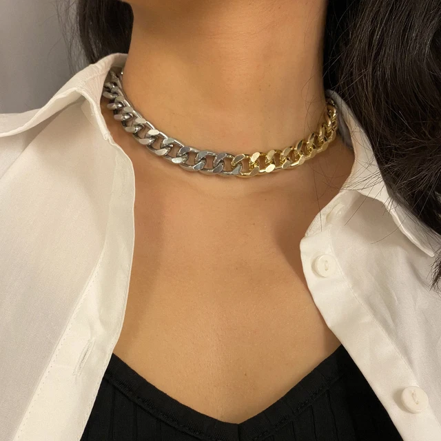 Buy OnlinePunk Miami Cuban Choker Necklace Collar Statement Hip Hop Big Chunky Aluminum Gold Color Thick Chain Necklace Women Jewelry.