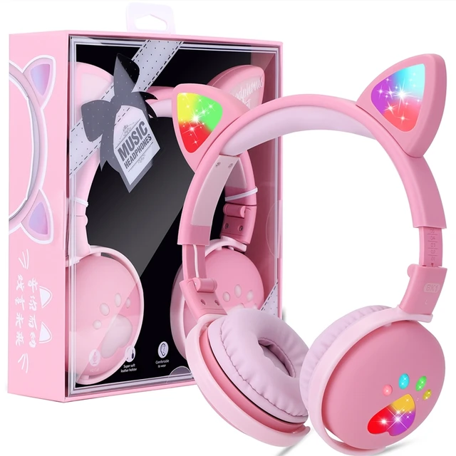 Cute Cat Headphones For Children Kids Wireless LED Light Cat Ear Blue-tooth Compatible Cat Paws Headset With Mic For Girl GIfts Pink With Package
