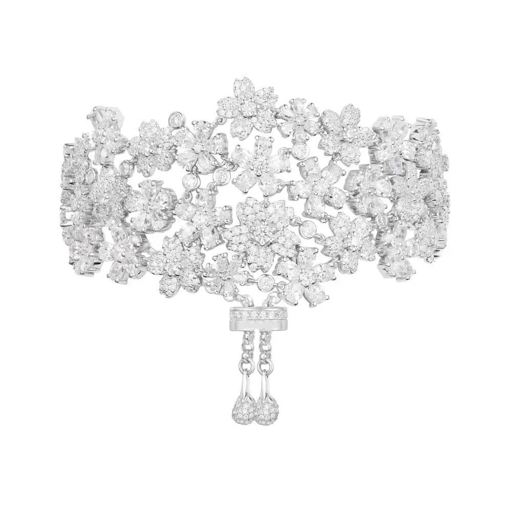 925 пробы Серебряный ослепительный Цветочный браслет великолепные хрустальные цветы браслет Уникальный Открытый регулируемый браслет свадебные ювелирные изделия