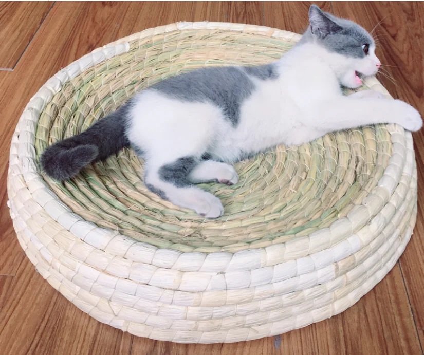 Круглая соломенная ручная работа Кошка Кровать Дом летние для домашних животных собак кровать для маленькой Лежанка для котов спальный коврик шлифовальный коготь PF9078