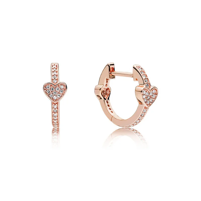 rose golden color Очаровательные сердца серьги в виде колец, для Для женщин Оригинальное 925 пробы серебряные женские украшения, серьги чистый Чешский хрусталь розово-золотые серьги - Окраска металла: rose golden color