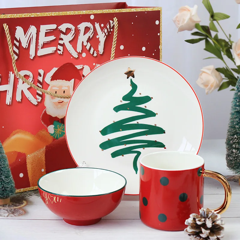 

Nordic Ceramic Tableware Gold-Plated Dish Bowl Set Coffee Mug Dishes Plates Sets Christmas Party Tableware for Home Decoration