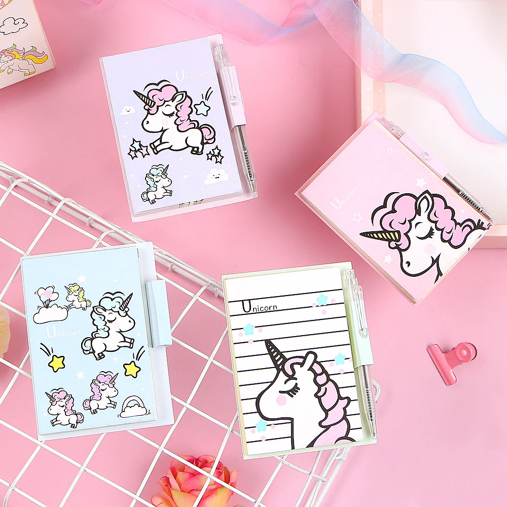 Kawaii Единорог портативный блокнот для записей с ручкой Студенческая бумага