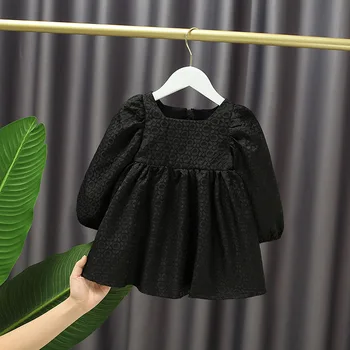 

Princess Dress Autumn Long Sleeve Jacquard Dress Korean Style New Square Collar Elegant Above Knee, Mini Solid Full Little Girl