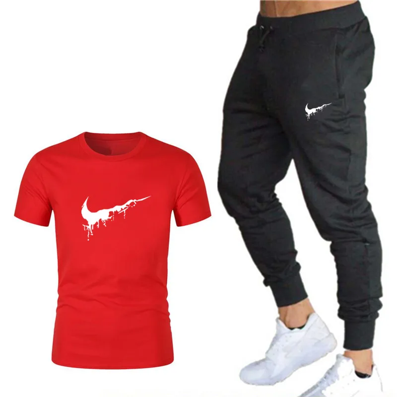 

2019 new men's T-shirt + pants men's clothing two-piece men's sportswear fashion street T-shirt gym sports fitness