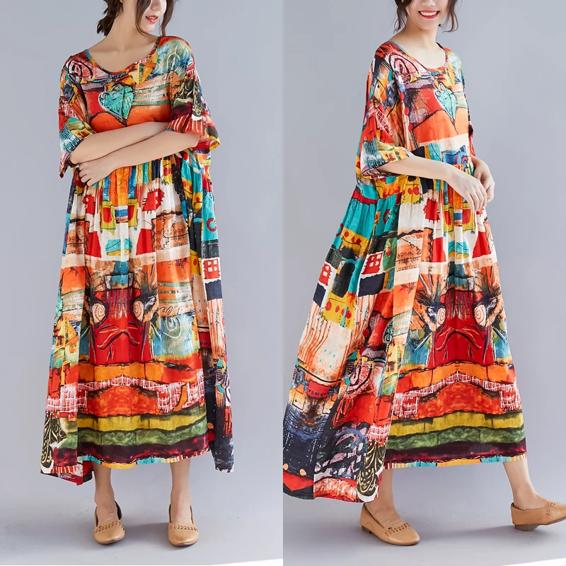 

Plus Size Women Print Summer Dress Sundress Cotton Linen Female Lady Vestidos Loose Casual Holiday Maxi Long Dress Big Size 5XL