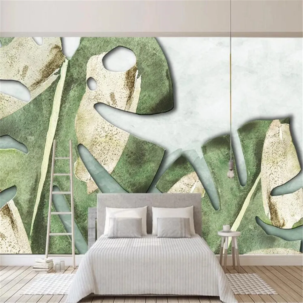 

Milofi customized 3D printed wallpaper mural Nordic minimalist fresh green leaf watercolor style background wall