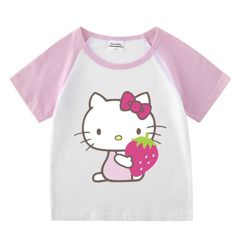 thumbnail image 1 of Hello Kitty-ropa transpirable de algodón puro para niños, conjunto de dos piezas, moda informal para niñas, pantalones cortos de manga corta, traje deportivo para niño, 1 of 4