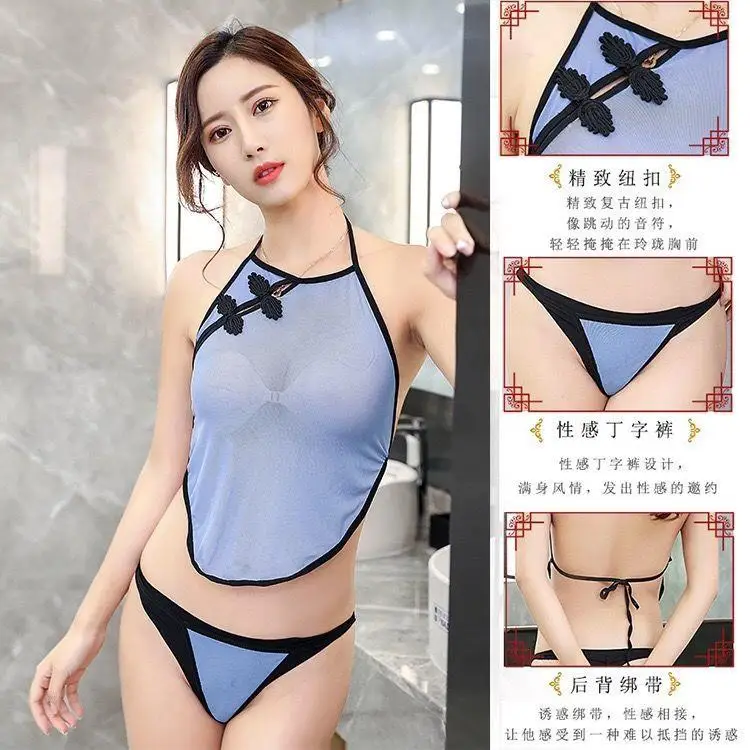 Sexy Split Bandage Mini Qipao See Through Dress Cheongsam Sexy Asian Lingerie Chinese Nightclub Uniform Costumes Women