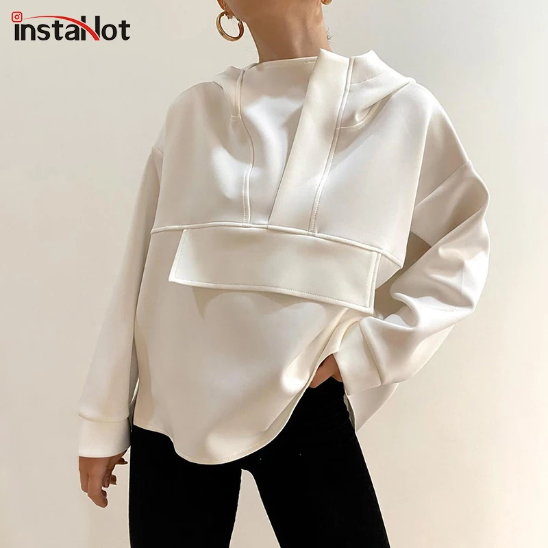 InstaHot Модные женские толстовки оверсайз асимметричный подол однотонный черный