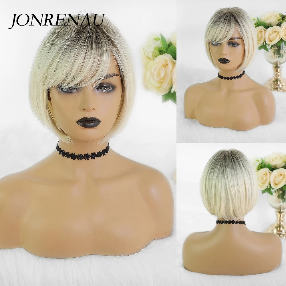 JONRENAU Bob corto raíz negro platino pelo con flequillo lateral Cosplay sintético peluca para mujer, chica, traje de colores pelucas