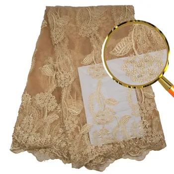 

2019 Gold Color Beaded Stones Lace High Quality African Tulle Lace Fabric New Arrival Nigerian Lace Fabrics For Wedding L2706