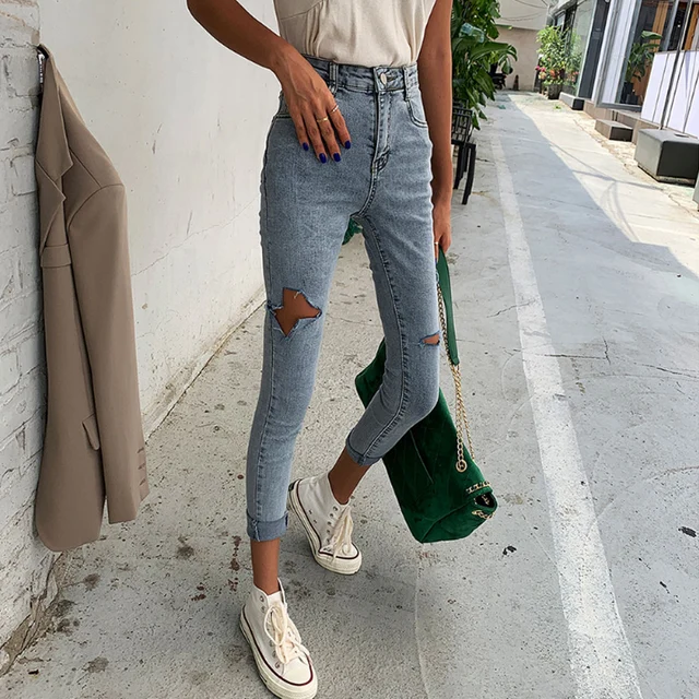 US $15.76 Autumn Chic Ripped Stretch Women High Waist Jeans Women Denim Pants Capri Female Skinny Pencil Jean