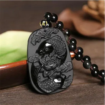 

Drop Shipping Fine carving Obsidian two fish and lotus black Obsdian pendant men's jewelry