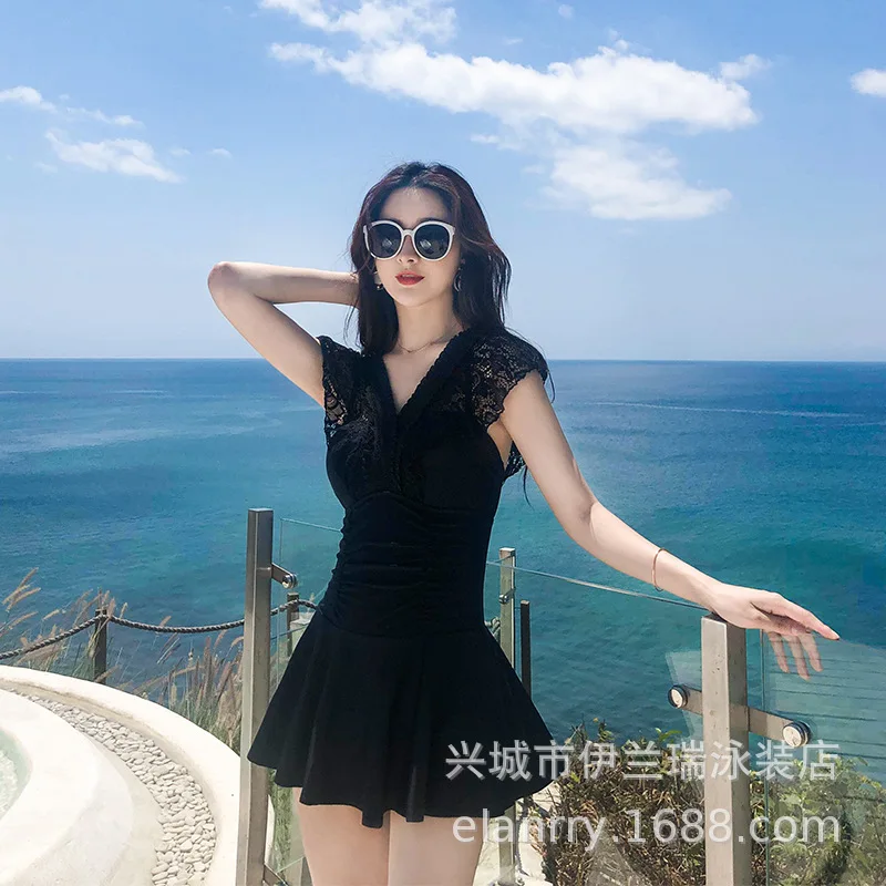 

2020 South Korea Elegant Swimsuit Women's Conservative One-piece Boxer Belly Covering Slimming Swimsuit Skirt Push up Hot Spring