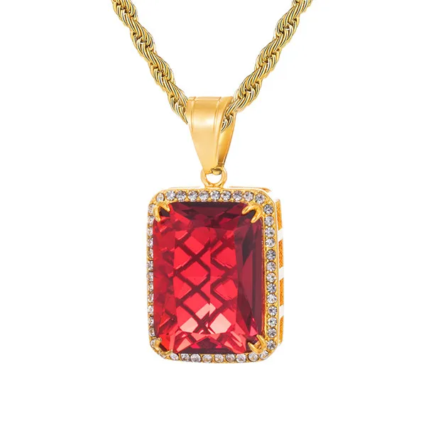 Хип хоп Iced Out Bling квадратный синий красный инкрустированный камнями из нержавеющей стали ожерелье и подвески для мужчин ювелирные изделия с цепочками - Окраска металла: Red