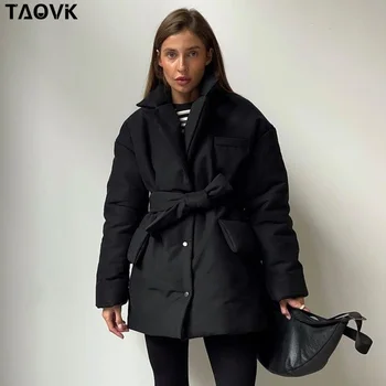 TAOVK New Short Winter Parkas Women Warm Down Cotton Jacket Female Casual Loose Outwear A Belt Cotton-padded Coat 1