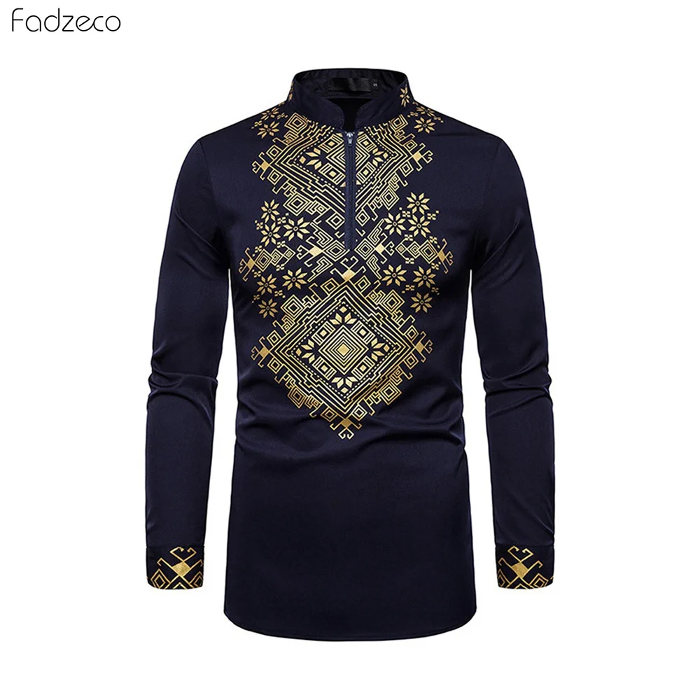 

Fadzeco African Clothes For Men Dashiki 2019 New Men's Top Zip Stand Neck Long Sleeves Ethnic Floral Print African Men Shirt