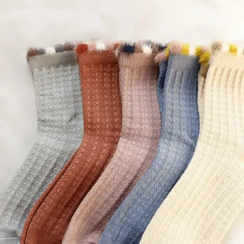 

Woman Solid Cotton Socks with Fuzzy Yarn on Cuff Girls Sport Socks Warm Winter Short Socks Female Ankle Socks 5 Pairs/ lot