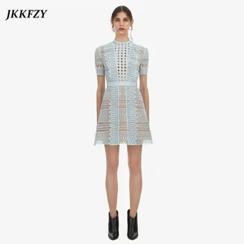 

self portait 2019 Spring Summer Runway Hollow Out Sky Blue Water Soluble Lace Dress Women Sexy Short Sleeve Mini Dress Vestidos