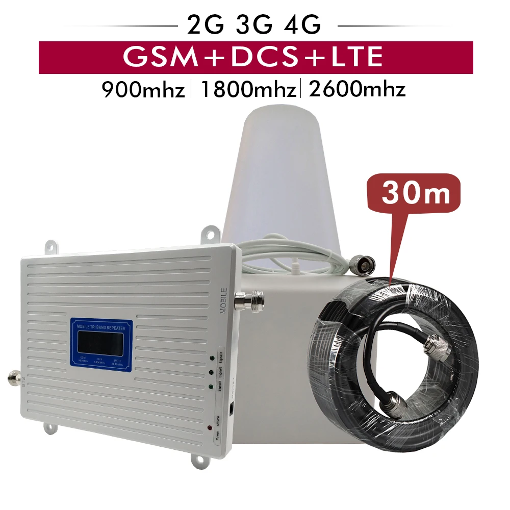 2G 3g 4G трехдиапазонный усилитель сигнала GSM 900+ DCS/LTE 1800(B3)+ FDD LTE 2600(B7) повторитель сигнала мобильного телефона Полный комплект#30M