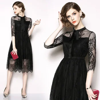 

Simgent Womens Dresses 2020 Summer Stand Collar Three Quarter Sleeve Lace Bow Midi Dresses Zomer Jurk SG005181