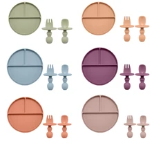 Ensemble d'alimentation en Silicone pour bébé, Smiley, assiette à trois grilles, fourchette, cuillère, antidérapant, enfants apprennent à manger, vaisselle pour tout petits 