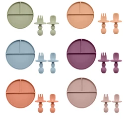 Ensemble d'alimentation en Silicone pour bébé, Smiley, assiette à trois grilles, fourchette, cuillère, antidérapant, enfants apprennent à manger, vaisselle pour tout petits 