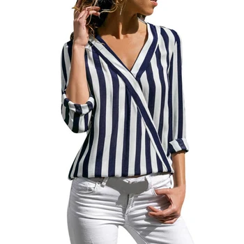 

Spring Sexy V-Neck Women's Blouse Striped Long-Sleeved Irregular Chic Woman Blouses
